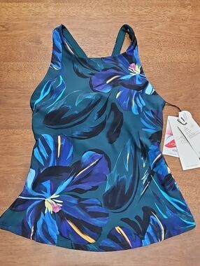 CALIA by Carrie Underwood Teal Floral High-Neck Tankini TOP ONLY